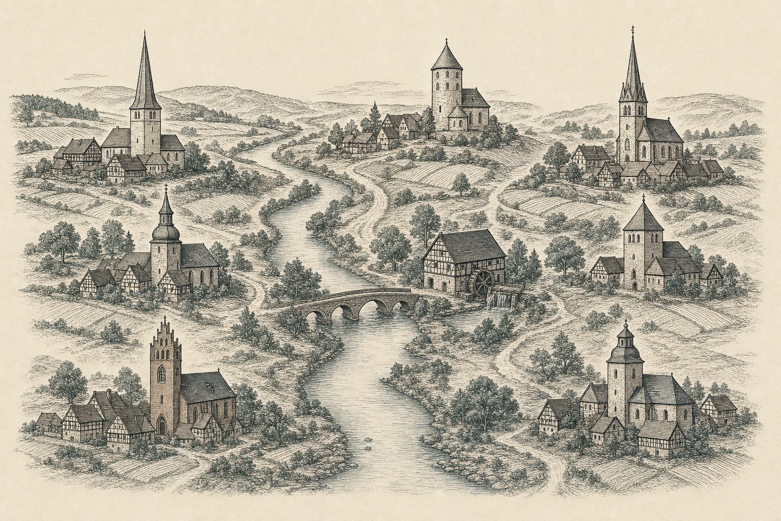 Aufgeschlagenes Gemeindeverzeichnis mit Spalten für Ort, Kirchenkreis und Pfarrort, daneben eine Landkarte mit Kirchturmzeichen, als Stich gezeichnet