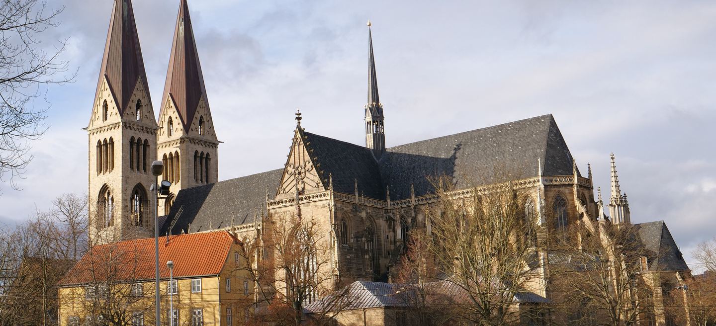 Der Halberstädter Dom St. Stephanus mit Doppelturmfassade, hohem gotischem Langhaus, Strebewerk und Dachreiter, davor Wohnhäuser und kahle Bäume.