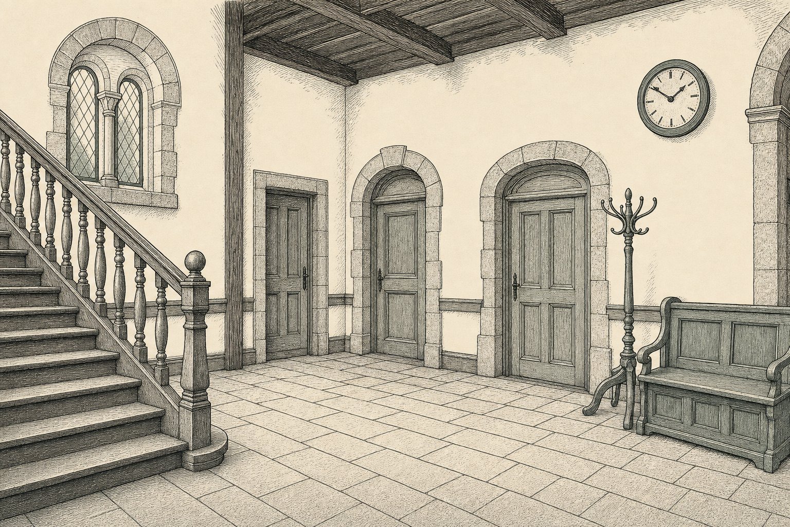 Eingangshalle eines kleinen Amtsgebäudes mit Treppe, Türen und Anschlagbrett, als Stich gezeichnet