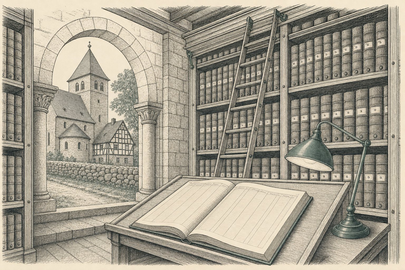Regale eines Kirchenarchivs mit nummerierten Bänden, davor ein aufgeschlagenes Kirchenbuch auf einem Lesepult, als Stich gezeichnet