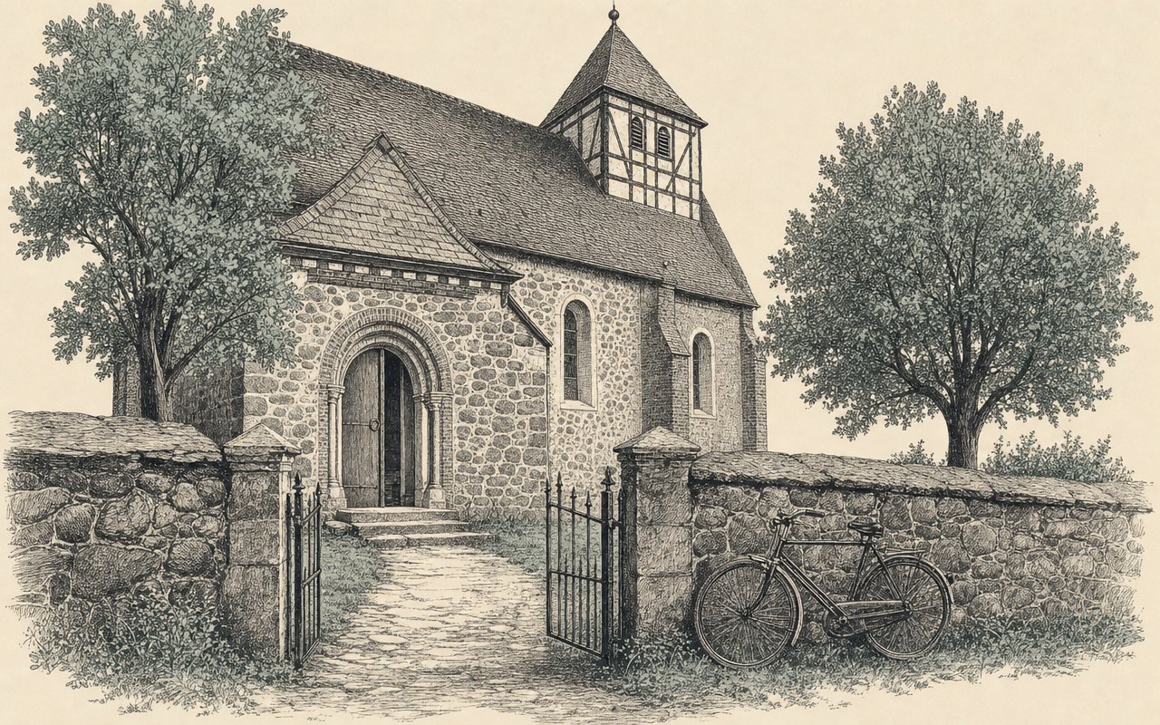 Kleine Feldsteinkirche mit Fachwerkturm hinter einer Mauer mit offenem Gittertor, ein Fahrrad lehnt an der Mauer, als Stich gezeichnet