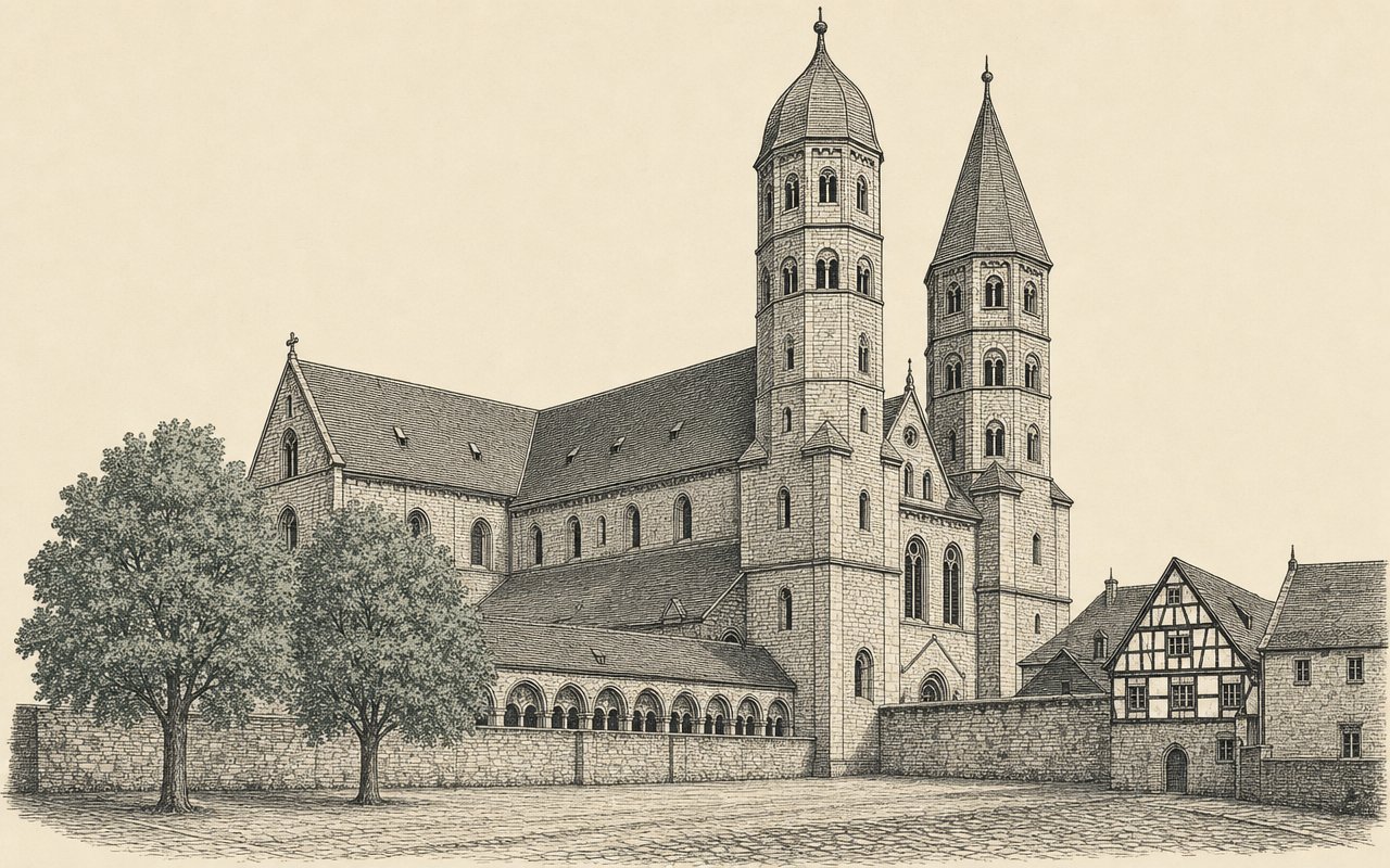 Der Naumburger Dom mit seinen vier Türmen, dem Kreuzgang und einem Fachwerkhaus davor, als Stich gezeichnet
