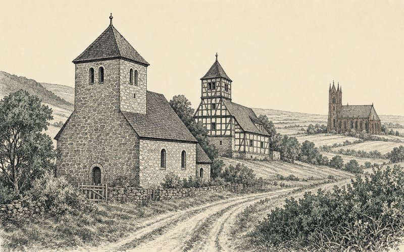 Drei Dorfkirchen verschiedener Bauzeiten in der Landschaft zwischen Harzvorland und Elbe, als Stich gezeichnet